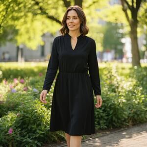 Vintage Landou Black Dress Size 10 Gold Trim Long Sleeve Midi